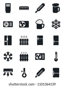 Set of vector isolated black icon - thermometer vector, heater, air conditioner, fridge, drink, beer, snowflake