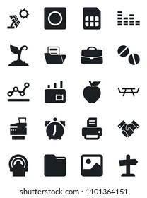 Set of vector isolated black icon - printer vector, sproute, picnic table, pills, tomography, equalizer, gallery, alarm, record, sim, folder, case, document, point graph, copier, handshake, mail
