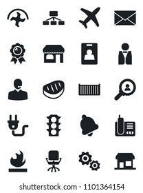 Set of vector isolated black icon - shop vector, mail, office chair, medal, ripper, plane, traffic light, cargo container, flammable, radio phone, bell, identity card, support, waiter, steak, gear