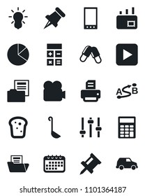 Set of vector isolated black icon - calculator vector, printer, pills, route, video camera, paper pin, play button, mobile, tuning, drawing, pie graph, document folder, mail, bread, ladle, bulb, car