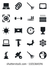 Set of vector isolated black icon - fence vector, pedestal, notebook pc, tie, rake, sun, caterpillar, barbell, satellite, fragile, paper clip, pool, heater, snowflake, eye scan, clock, earth
