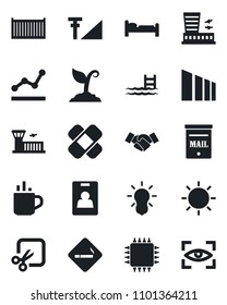 Set of vector isolated black icon - hot cup vector, smoking place, bed, airport building, handshake, sproute, sun, patch, cargo container, sorting, cut, cellular signal, identity card, point graph
