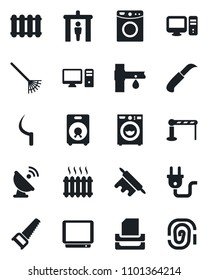 Set of vector isolated black icon - barrier vector, security gate, rake, saw, sickle, garden knife, drip irrigation, satellite antenna, tv, speaker, paper tray, washer, heater, rolling pin, pc