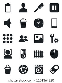 Set of vector isolated black icon - mouse vector, pen, fence, bucket, remote control, group, battery, pause button, mobile, menu, gallery, user, clock, network, face id, root setup, washer, sound