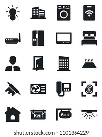 Set of vector isolated black icon - house vector, tv, rent, office building, estate agent, bedroom, fridge, city, rolling pin, fingerprint, router, air conditioner, intercome, washer, warm floor