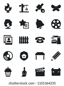 Set of vector isolated black icon - factory vector, circle chart, fence, tree, butterfly, fire, satellite, clapboard, reel, favorites list, themes, bell, photo gallery, pencil, table, crane, phone