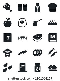 Set of vector isolated black icon - seeds vector, pills bottle, waiter, cook hat, wine card, menu, plates, salt and pepper, bread, cafe table, vip zone, dress code, steak, kebab, ham, knife