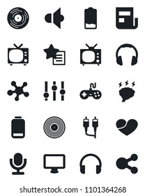 Set of vector isolated black icon - tv vector, brainstorm, vinyl, speaker, gamepad, settings, microphone, headphones, monitor, share, favorites list, heart, low battery, rca, news, social media