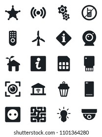 Set of vector isolated black icon - no mobile vector, phone back, sim, chip, eco house, socket, remote control, wireless, web camera, gear, bulb, outdoor lamp, garage gate, eye scan, police