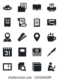 Set of vector isolated black icon - book vector, coffee, contract, pin, folder document, calendar, clipboard, copybook, search, blank box, printer, pen, stapler, plan, serviette, restaurant receipt