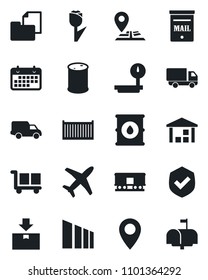 Set of vector isolated black icon - navigation vector, pin, plane, cargo container, car delivery, term, folder document, tulip, warehouse, package, sorting, shield, oil barrel, heavy scales, mailbox