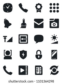 Set of vector isolated black icon - mobile vector, call, menu, message, protect, themes, clock, bell, mail, scanner, sim, brightness, lock, face id, video, photo gallery, cellular signal, update