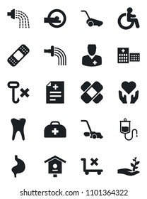 Set of vector isolated black icon - disabled vector, watering, lawn mower, bird house, doctor case, diagnosis, dropper, patch, tomography, heart hand, stomach, tooth, hospital, no trolley, hook