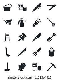 Set of vector isolated black icon - pen vector, garden fork, shovel, rake, ladder, wheelbarrow, bucket, pruner, glove, sprayer, blood pressure, torch, drawing pin, ladle, steaming pan, hard work