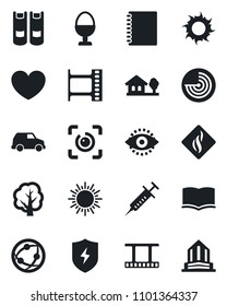Set of vector isolated black icon - sun vector, radar, book, tree, heart, syringe, film frame, network, protect, eye id, copybook, house with, egg stand, smoke detector, car, office building