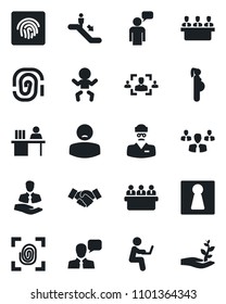 Set of vector isolated black icon - escalator vector, female, baby, handshake, speaking man, meeting, doctor, patient, pregnancy, client, speaker, fingerprint id, hr, manager desk, group