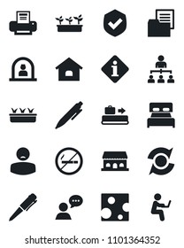 Set of vector isolated black icon - baggage conveyor vector, no smoking, reception, hierarchy, pen, seedling, patient, folder document, shield, speaker, update, printer, house, bedroom, cheese