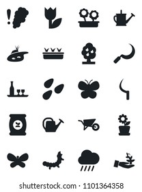 Set of vector isolated black icon - watering can vector, wheelbarrow, butterfly, seedling, rain, sickle, seeds, caterpillar, fertilizer, tulip, pond, fruit tree, flower in pot, alcohol, palm sproute