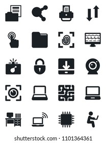 Set of vector isolated black icon - bomb in case vector, wireless notebook, lock, desk, printer, monitor pulse, touch screen, laptop pc, share, folder, data exchange, download, document, chip