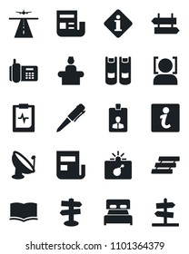 Set of vector isolated black icon - runway vector, signpost, bomb in case, reception, identity card, book, pen, pulse clipboard, office phone, satellite antenna, face id, news, paper tray, bedroom