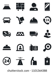 Set of vector isolated black icon - runway vector, taxi, airport bus, 24 around, baby room, reception, office phone, hours, client, car delivery, consolidated cargo, search, mobile, support, moving