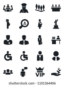 Set of vector isolated black icon - vip vector, speaking man, pedestal, team, disabled, doctor, pregnancy, client, manager desk, meeting, search, estate agent, waiter, cook, group, palm sproute