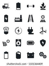 Set of vector isolated black icon - fork loader vector, ladder, fire, barbell, speaker, battery, low, protect, charge, sun panel, windmill, factory, power plug, bulb, gear