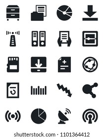 Set of vector isolated black icon - antenna vector, office binder, crisis graph, document, reload, diagnosis, barcode, satellite, network, share, scanner, sd, download, pie, folder, archive box