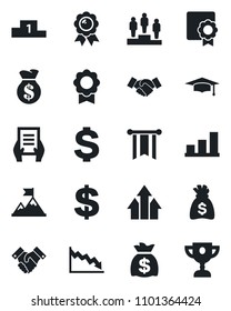 Set of vector isolated black icon - handshake vector, dollar sign, pedestal, medal, graduate, money bag, document, sertificate, bar graph, arrow up, motivation, pennon, crisis, award cup