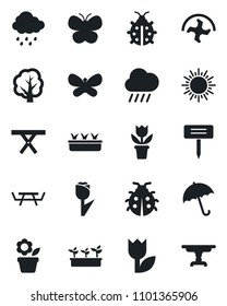 Set of vector isolated black icon - umbrella vector, sun, flower in pot, ripper, tree, butterfly, lady bug, seedling, rain, plant label, picnic table, tulip