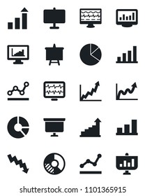 Set of vector isolated black icon - growth statistic vector, presentation board, crisis graph, circle chart, monitor pulse, statistics, bar, pie, point