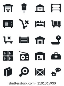 Set of vector isolated black icon - safe vector, checkroom, bird house, doctor case, container, cargo, no trolley, warehouse, heavy scales, search, rack, radio, blank box, garage gate control