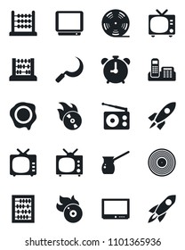 Set of vector isolated black icon - alarm clock vector, tv, abacus, stamp, sickle, reel, vinyl, flame disk, radio, office phone, turkish coffee, rocket