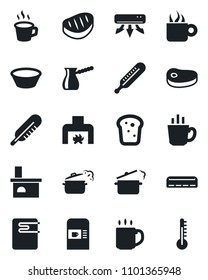 Set of vector isolated black icon - coffee machine vector, fireplace, thermometer, air conditioner, bread, steak, bowl, steaming pan, turkish, water heater