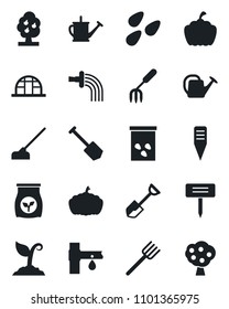 Set of vector isolated black icon - job vector, garden fork, shovel, farm, watering can, sproute, hoe, plant label, pumpkin, greenhouse, seeds, fertilizer, drip irrigation, fruit tree