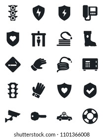 Set of vector isolated black icon - security gate vector, smoking place, alarm car, safe, glove, boot, hose, heart shield, traffic light, protect, key, intercome, surveillance, crisis management