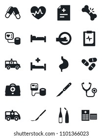 Set of vector isolated black icon - bed vector, heart pulse, doctor case, diagnosis, stethoscope, blood pressure, pills, ampoule, scalpel, tomography, ambulance car, hospital, stomach, broken bone