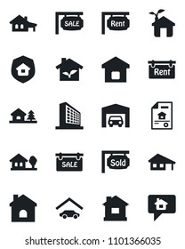 Set of vector isolated black icon - office building vector, house, with garage, tree, estate document, sale, rent, sold signboard, smart home, insurance, eco, message