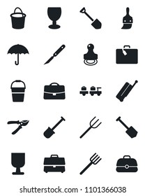 Set of vector isolated black icon - suitcase vector, baggage larry, job, shovel, farm fork, bucket, pruner, scalpel, fragile, umbrella, themes, case, stamp