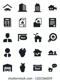 Set of vector isolated black icon - office building vector, real heart, contract, house with garage, tree, estate document, rent, search, agent, city, eco, home message