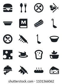 Set of vector isolated black icon - spoon and fork vector, cafe, menu, salad, bacon, waiter, bread, chicken, hamburger, ladle, bowl, rolling pin, sushi, cheese