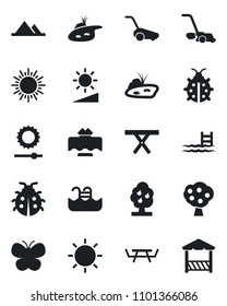 Set of vector isolated black icon - sun vector, lawn mower, butterfly, lady bug, picnic table, brightness, pond, pool, fruit tree, mountains, restaurant, alcove