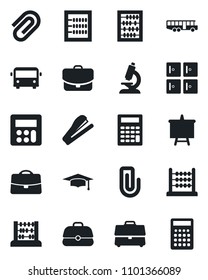 Set of vector isolated black icon - airport bus vector, checkroom, graduate, abacus, presentation board, microscope, calculator, case, paper clip, stapler