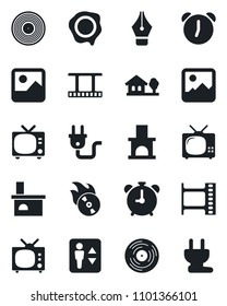 Set of vector isolated black icon - elevator vector, alarm clock, tv, stamp, fireplace, film frame, vinyl, flame disk, gallery, ink pen, house with tree, power plug