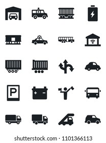 Set of vector isolated black icon - dispatcher vector, airport bus, parking, alarm car, ladder, ambulance, route, railroad, truck trailer, delivery, garage, gate control, battery