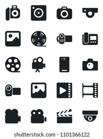 Set of vector isolated black icon - camera vector, clapboard, film frame, reel, video, phone back, mobile, gallery, web, intercome, surveillance