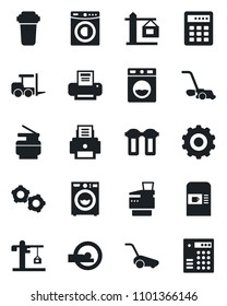 Set of vector isolated black icon - coffee machine vector, fork loader, gear, lawn mower, tomography, printer, copier, washer, crane, water filter, combination lock
