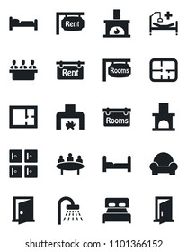 Set of vector isolated black icon - bed vector, shower, checkroom, meeting, fireplace, hospital, plan, rent, rooms, bedroom, cushioned furniture, door