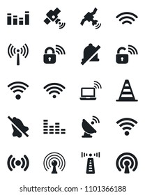 Set of vector isolated black icon - antenna vector, wireless notebook, border cone, satellite, equalizer, mute, lock