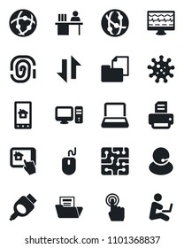 Set of vector isolated black icon - mouse vector, printer, monitor pulse, virus, support, folder document, network, touch screen, hdmi, data exchange, manager desk, notebook pc, chip, fingerprint